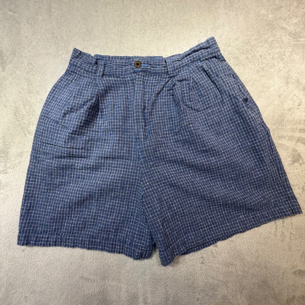 Vintage‎ Kathy Ireland Blue Grid Linen Cotton Shorts Size 10 High Waisted 90s